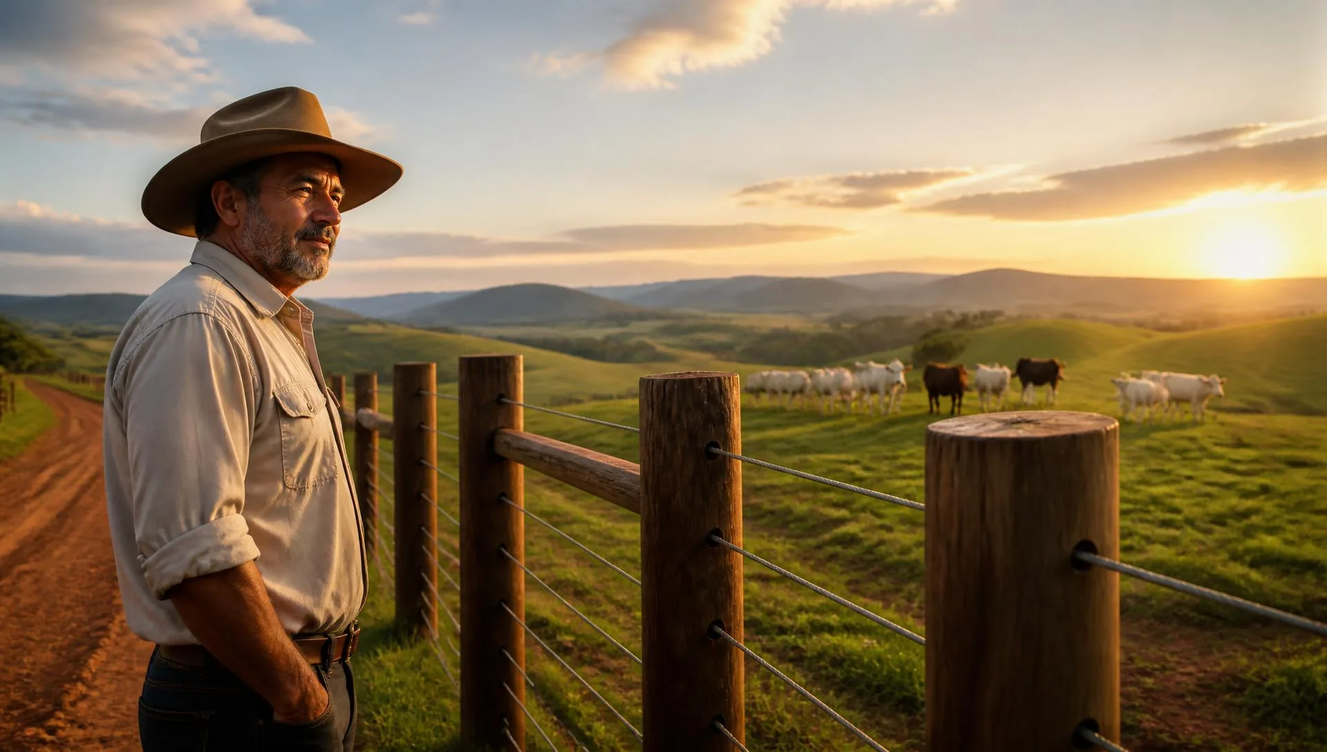 Produtor rural observando sua fazenda protegida por cerca de mourões de eucalipto tratado ao amanhecer